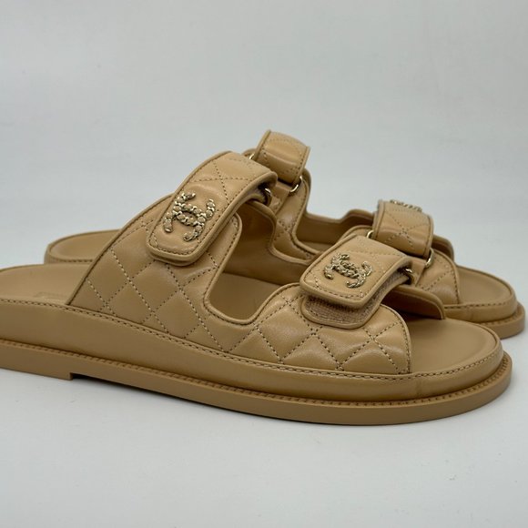 CHANEL 24P 2024 Quilted Leather CC Logo Flat Slide Dad Sandals Shoes Beige - Picture 8 of 16